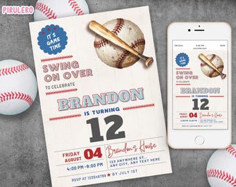 May include: Baseball-themed birthday party invitation with the text "Swing on Over" and "Brandon is turning 12." The invitation includes a baseball and bat graphic, and a smartphone displaying the same design.