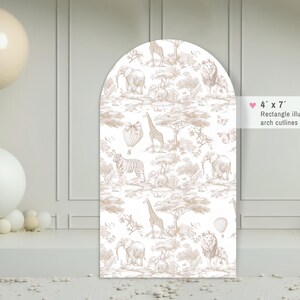 May include: A white backdrop with a brown safari animal print. The backdrop is shaped like an arch and measures 122 cm x 213 cm.