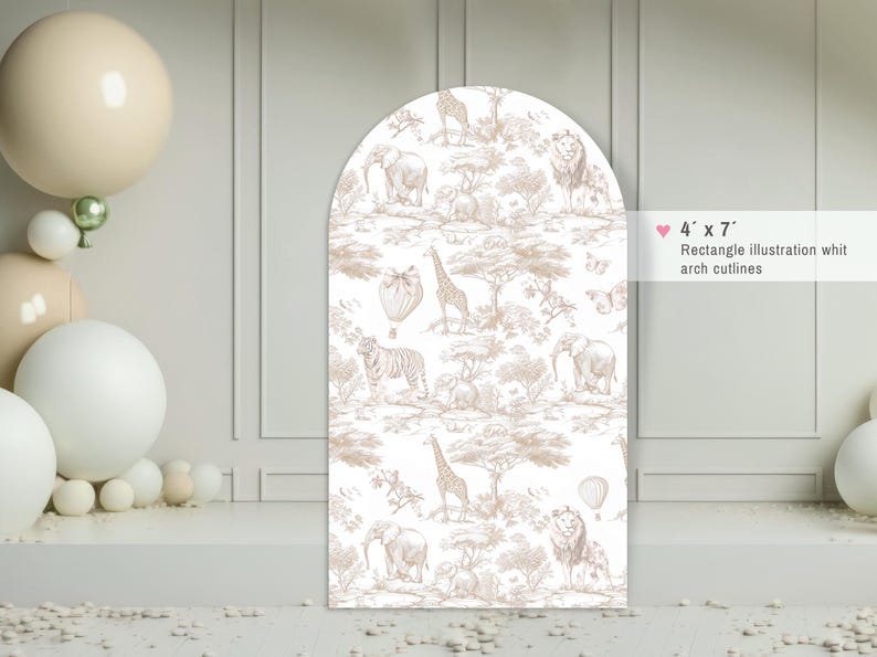 May include: A white backdrop with a brown safari animal print. The backdrop is shaped like an arch and measures 122 cm x 213 cm.