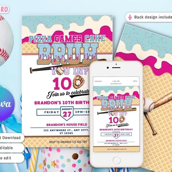 Editable Bruh Baseball Drip Birthday Party Invitation Baseball Birthday Invite Digital Baseball Birthday Invite Ice Cream Drip Sports Invite