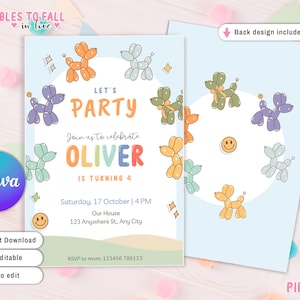 Invitación de fiesta con globos y animales, invitación con globos y perros, invitación genérica de género neutro - Invitación de cumpleaños con globos y animales salvajes, invitación con globos y perros para fiestas