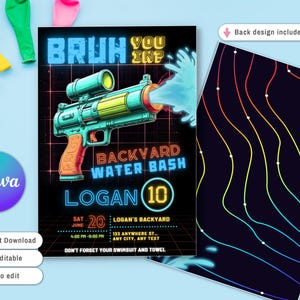 Może przedstawiać: Zaproszenie na imprezę z grafiką pistoletu na wodę w stylu neonowym, tekstem "BRUH YOU IN? BACKYARD WATER BASH" i szczeg&oacute;łami wydarzenia. Zaproszenie jest na 10. urodziny Logana, z dołączonym projektem tylnym. Balony w kolorze ż&oacute;łtym, zielonym, pomarańczowym i r&oacute;żowym w tle.