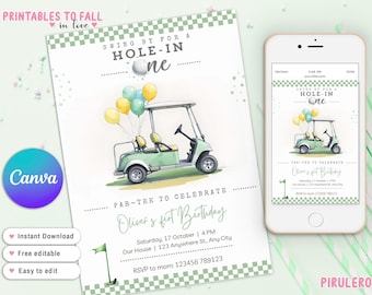 May include: A green and white golf cart with balloons is featured on a printable invitation for a first birthday party. The invitation says "Swing by for a Hole-in-One" and "Par-tee to Celebrate Oliver's First Birthday".