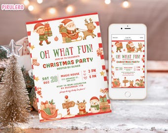 Oh was für Spaß Weihnachtseinladung | Oh welcher Spaß-Urlaubsparty für Kinder | Retro Weihnachtsmütze Vorlage | Bearbeitbare Freunde zur Party einladen