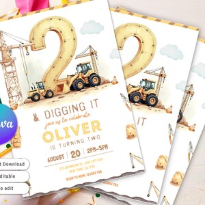 May include: Birthday party invitations with a construction theme. The design features a large number 2, construction vehicles, and the text "& DIGGING IT". The invitations are personalized with a name and party details.