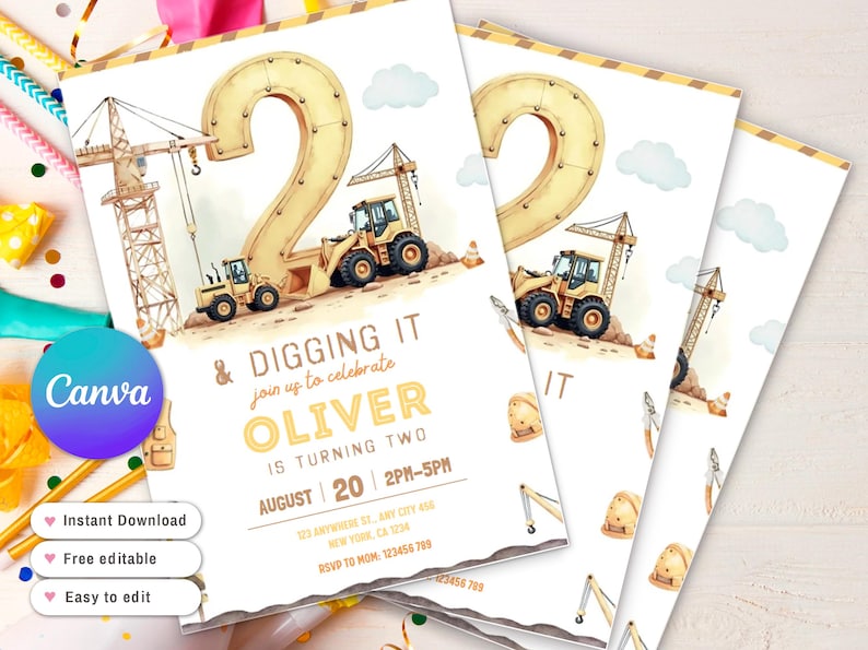 May include: Birthday party invitations with a construction theme. The design features a large number 2, construction vehicles, and the text "& DIGGING IT". The invitations are personalized with a name and party details.
