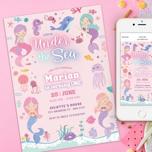 Editable Mermaid Under the Sea Party Invitation, Ocean Life First Birthday, Pink Girl for any age Invite, Pastel Pool Party summer birthday