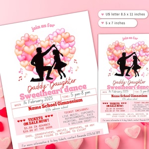 Papa Tochter Valentinstag Tanz Flyer, bearbeitbarer Schulschatz-Tanz-Flyer einladen, Herz-Tag-Tanzeinladungskarte 5x7, papierlose Post