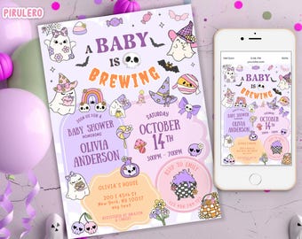 Puede incluir: Una invitación a un baby shower con temática de Halloween con el texto "A Baby is Brewing". La invitación presenta fantasmas de dibujos animados, murciélagos y calabazas en morado, lavanda y naranja. Un smartphone muestra el mismo diseño.