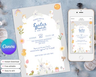 Easter Brunch Invitation Template, spring Easter Bunny Invitation, Illustrated Easter Egg Hunt Invitation Template, Scribble Egg Hunt Evite