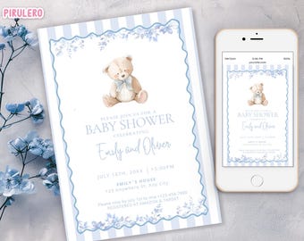 Uitnodiging babyshower jongen: teddybeer, babyshower stoffig blauw, uitnodiging babyshower, coquette toile de jouy bloemen, chinoiserie met blauwe strik