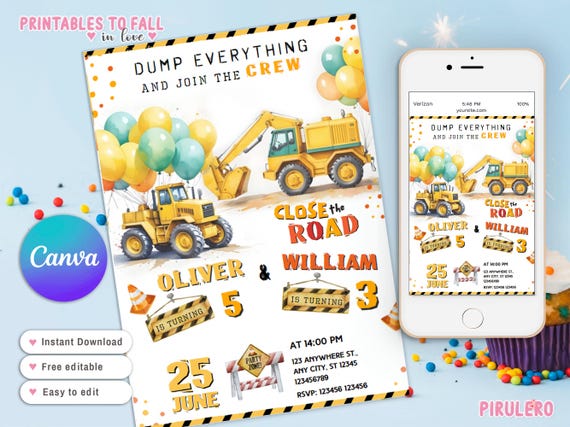 Sibling Construction Birthday Invitation, Dump Truck Excavator Birthday Party, Joint Birthday Invite, Dual Combined Twins, Double Birthday