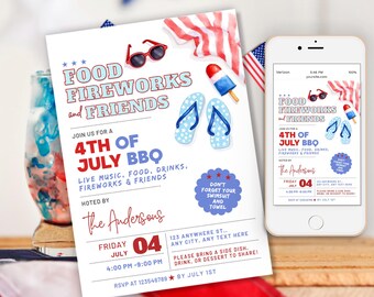 BBQ 4th of July Backyard Cookout invite, Pool Party Invitation, Red White Blue Summer Birthday, Barbeque July 4th BBQ July Fourth Invite