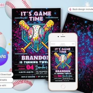 Pode incluir: Convite com tema de beisebol com o texto "It's Game Time" e "Brandon est&aacute; fazendo doze". O design apresenta uma bola de beisebol com cobertura pingando e bast&otilde;es cruzados. Um smartphone exibe o convite. Bolas de beisebol no fundo.