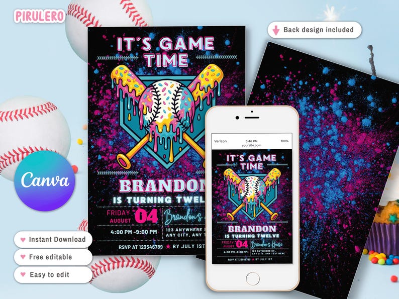 Pode incluir: Convite com tema de beisebol com o texto "It's Game Time" e "Brandon est&aacute; fazendo doze". O design apresenta uma bola de beisebol com cobertura pingando e bast&otilde;es cruzados. Um smartphone exibe o convite. Bolas de beisebol no fundo.