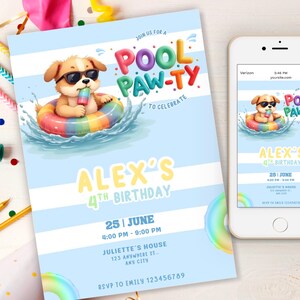 May include: A blue and white striped invitation for a pool party, with a cartoon dog in sunglasses on a rainbow inflatable ring. The invitation says "POOL PAW-TY" and "ALEX'S 4TH BIRTHDAY". A smartphone shows the same design.