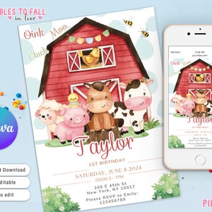 Invito di compleanno modificabile per fattoria, invito di compleanno per bambini con animali da fattoria, compleanno rosso in fattoria, compleanno per bambini in fattoria, animali da fattoria rossi per bambini