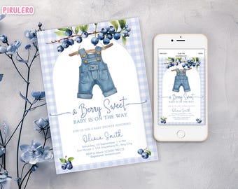 Berry Sweet Baby Shower invitation, Berry Sweet Boy Baby Shower, Blueberry Baby Shower, Digital Clothesline Shower Invite, Blue Gingham BBBS
