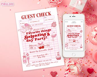 Favorite things Galentines Party Hand Drawn Valentines Invitation, Guest Check Pink red Galentines Invite, Girl Night, Galentines Brunch