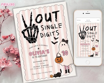 May include: A Halloween-themed birthday invitation with a pink and white striped background. The invitation features the text "OUT SINGLE DIGITS" with a skeleton hand gesture. A cartoon ghost holding a pumpkin and the number 10 is also shown. The invitation is for Olivia's 10th birthday.