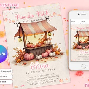 Puede incluir: Una invitación imprimible para una fiesta de cumpleaños con temática de otoño. La invitación presenta una ilustración de dibujos animados de un puesto de calabaza con calabazas y hojas de otoño. El texto de la invitación dice "Únete a nosotros Pumpkin Patch Birthday Bash Olivia cumple cinco años".