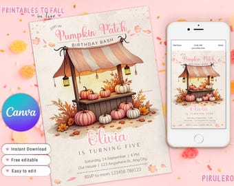 May include: A printable invitation for a birthday party with a fall theme. The invitation features a cartoon illustration of a pumpkin patch stand with pumpkins and fall leaves. The text on the invitation reads "Join us Pumpkin Patch Birthday Bash Olivia is turning five".