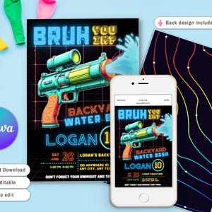 Może przedstawiać: Cyfrowe zaproszenie na imprezę wodną na podw&oacute;rku, z neonową grafiką pistoletu na wodę z napisem "BRUH YOU INP". Zawiera szczeg&oacute;ły wydarzenia, makietę telefonu i projekt tyłu. Balony w tle.