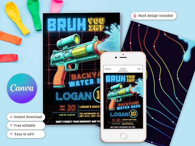 Może przedstawiać: Cyfrowe zaproszenie na imprezę wodną na podw&oacute;rku, z neonową grafiką pistoletu na wodę z napisem "BRUH YOU INP". Zawiera szczeg&oacute;ły wydarzenia, makietę telefonu i projekt tyłu. Balony w tle.