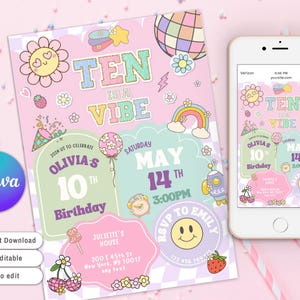 Invitación para fiesta de octavo cumpleaños "Ten Is A Vibe", invitación con letras de parches preppy, fiesta de parches universitarios, fiesta de décimo cumpleaños con estilo disco y estilo moderno