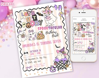 May include: A Halloween-themed invitation with the text "Let's Get Spooky" and "Spooktacular Birthday Bash!" featuring cartoon ghosts, bats, and a witch. The invitation is on a white background with pink stripes and a smartphone displaying the same design.
