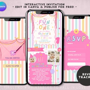 Może przedstawiać: Trzy smartfony wyświetlające cyfrowy szablon zaproszenia na urodziny z pastelowymi paskami w tle. Ekrany zawierają różowe koperty, tekst "It's FUN to be ONE", "Olivia's First Birthday" oraz interaktywny formularz RSVP.