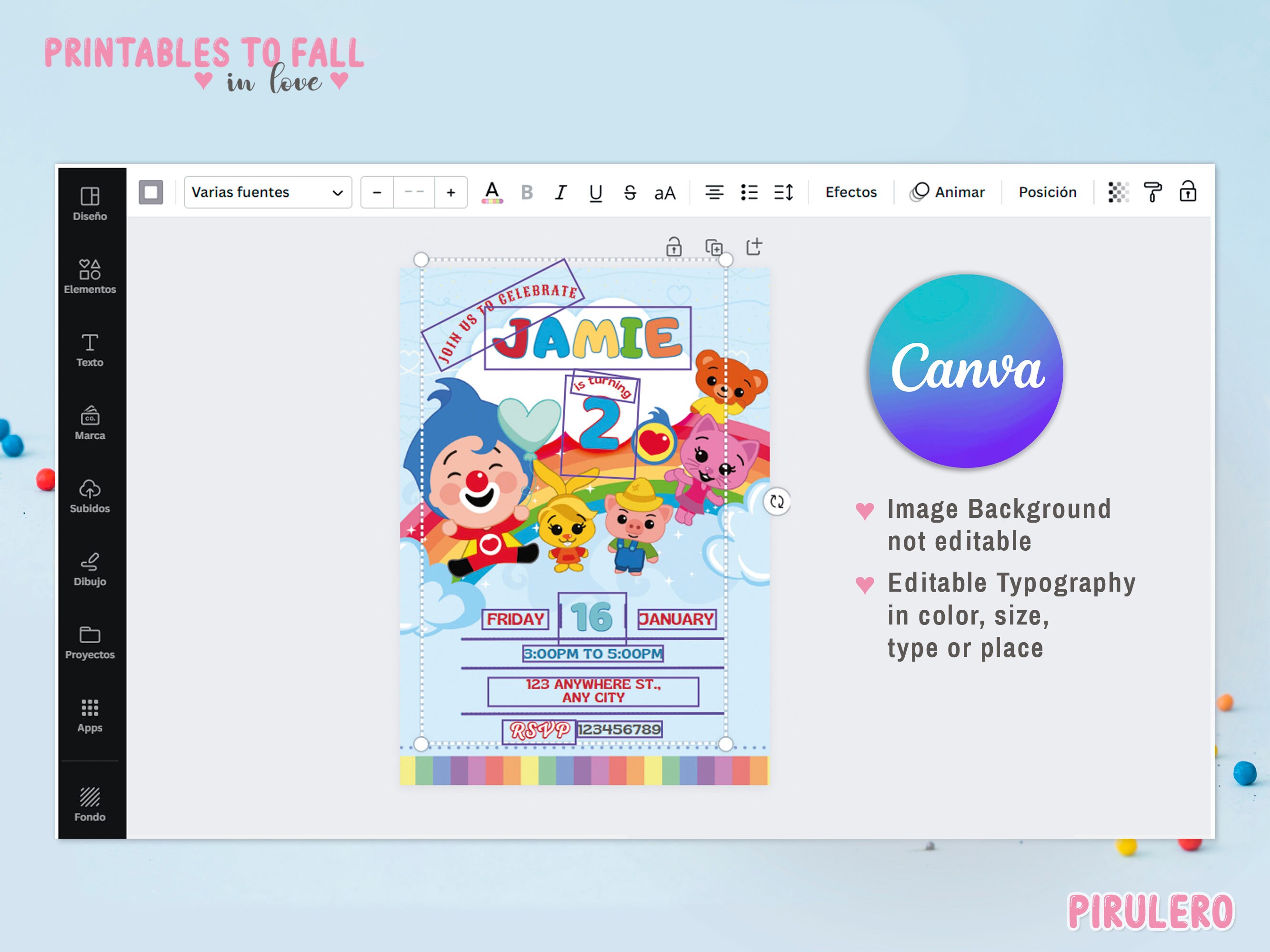 Plim Plim Clown Invitation, Plim Plim Birthday Invitation, Plim Plim