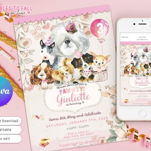 Dog Birthday Invitation Printable, girl Dog Party Invite, Puppy Invitation, Girl Doggy canva editable template Dog Birthday Pawty Invitation