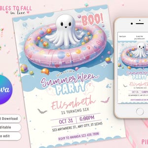 Invitación editable para fiesta de cumpleaños de Summerween, invitación para fiesta de cumpleaños de fantasmas de Halloween de verano, fiesta fantasma de verano en la piscina, descarga instantánea