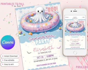 Editable Summerween Birthday Party Invitation Summer Halloween Ghost Birthday Spooky party invite Ghost Summer Pool Party Instant Download