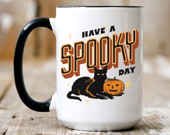 Black Cat Mug, Halloween, 15 oz Two-Tone Mug, Spooky, Spooky Coffee Mug, Halloween Gift, Cat Lover Mug, Coffee Mug, Coffee Cup, Cat Dad Gift