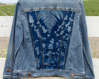 Chaqueta de cianotipo botánico de Chico talla 8/10, ropa de mujer reciclada, mezclilla, fotografía alternativa, huella solar
