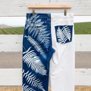 Size L Fern Cyanotype Printed White Jeans