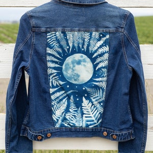 Size M Cyanotype Denim Jacket With Ferns Encircling Moon And Stars