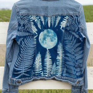 Size M Cyanotype Denim Jacket Ferns Encircling Moon And Stars