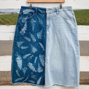 Size 17 Wet Fern Cyanotype Denim Skirt AVA & VIV, R leg printed