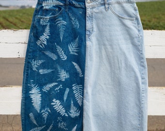 Saia jeans cianotipia Wet Fern tamanho 17 AVA e VIV, perna R estampada