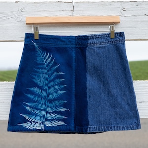 Size 6/28 Feather Fern Cyanotype Denim Skirt; upcycled