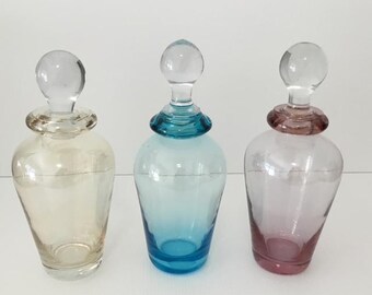 Vintage Colored Glass Decanters Set of 3 with Matching Stoppers | Mid Century Genie Bottles | Boho Home Decor Display Glass