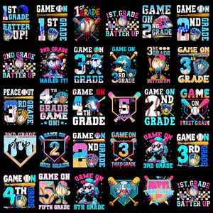 May include: A collection of thirty baseball-themed graphic designs featuring colorful illustrations of baseballs, bats, gloves, and home plates with text ranging from 1st Grade to 5th Grade, all set against a solid black background.