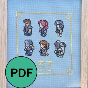 May include: Cross-stitch artwork of six pixelated characters within a light blue square, framed in light wood. A gold border surrounds the characters. A green circle with "PDF" is in the lower left, and the number "33" is in the lower centre.