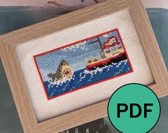 PATTERN ONLY Film Jaws Shark Boat Cross Stitch Pattern