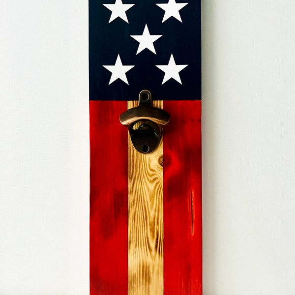 Rustic American Flag Wooden Bottle Opener