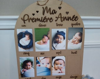 Tableau  bois gravé Ma première année  1 an de bébé - Photos 12x 8 cm - photos mensuelles - premier anniversaire
