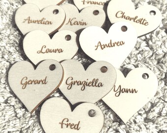 Wooden hearts with first names, guest gift, personalized labels for sugared almonds or wedding, baptism, birthday, wooden labels